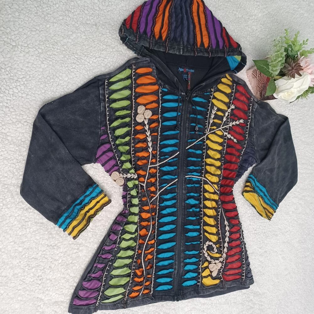 Agan Traders Jacket Hooded Boho Nepal Embroidered Zip XL